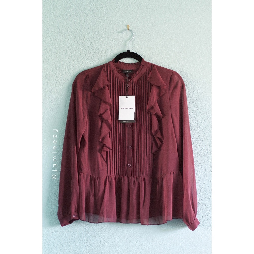 Who What Wear | NWT Sheer Tuxedo Ruffle Bib Blouse - Picture 1 of 8